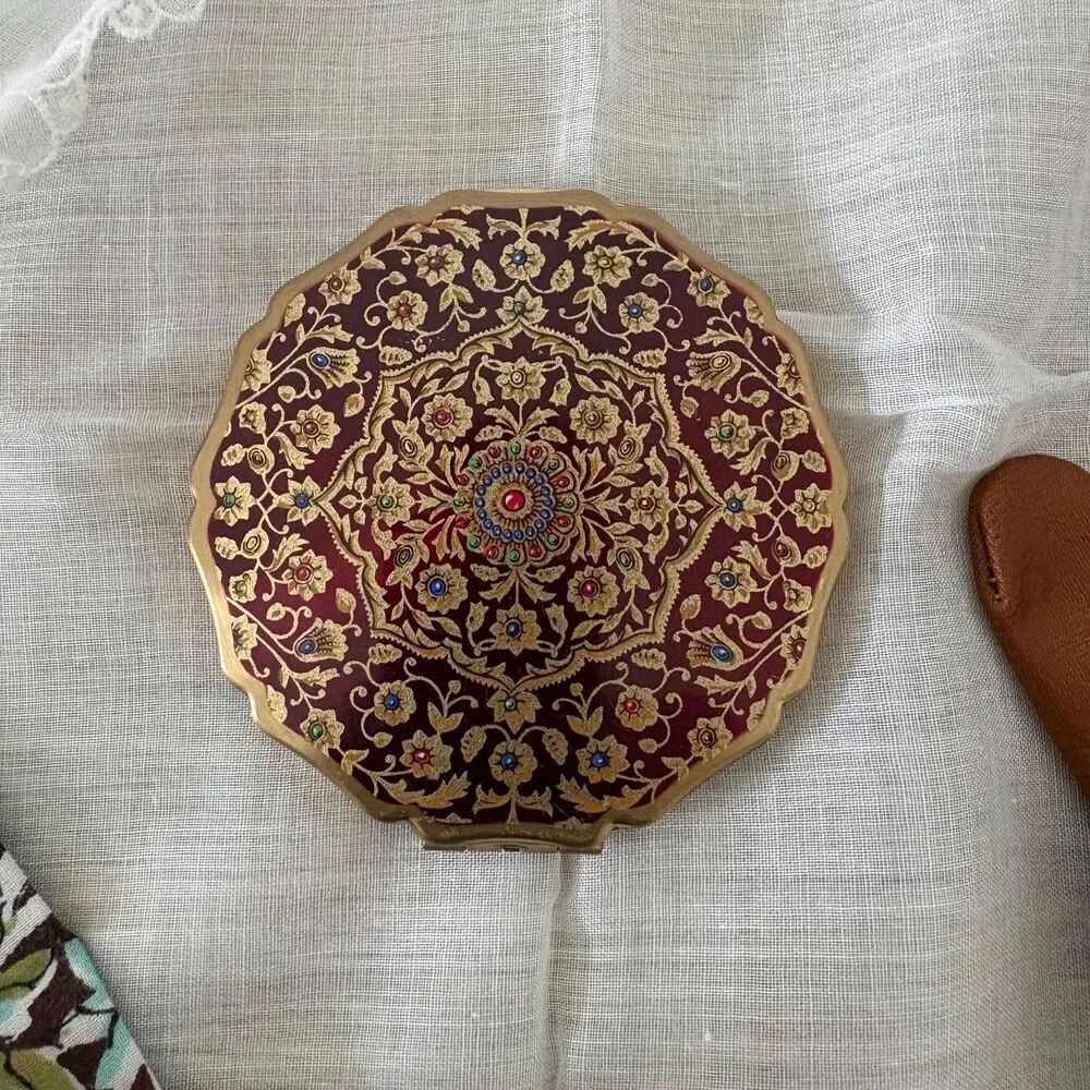 Vintage Stratton Powder Compact Mirror, Made In England, Ornate Maroon Enamel